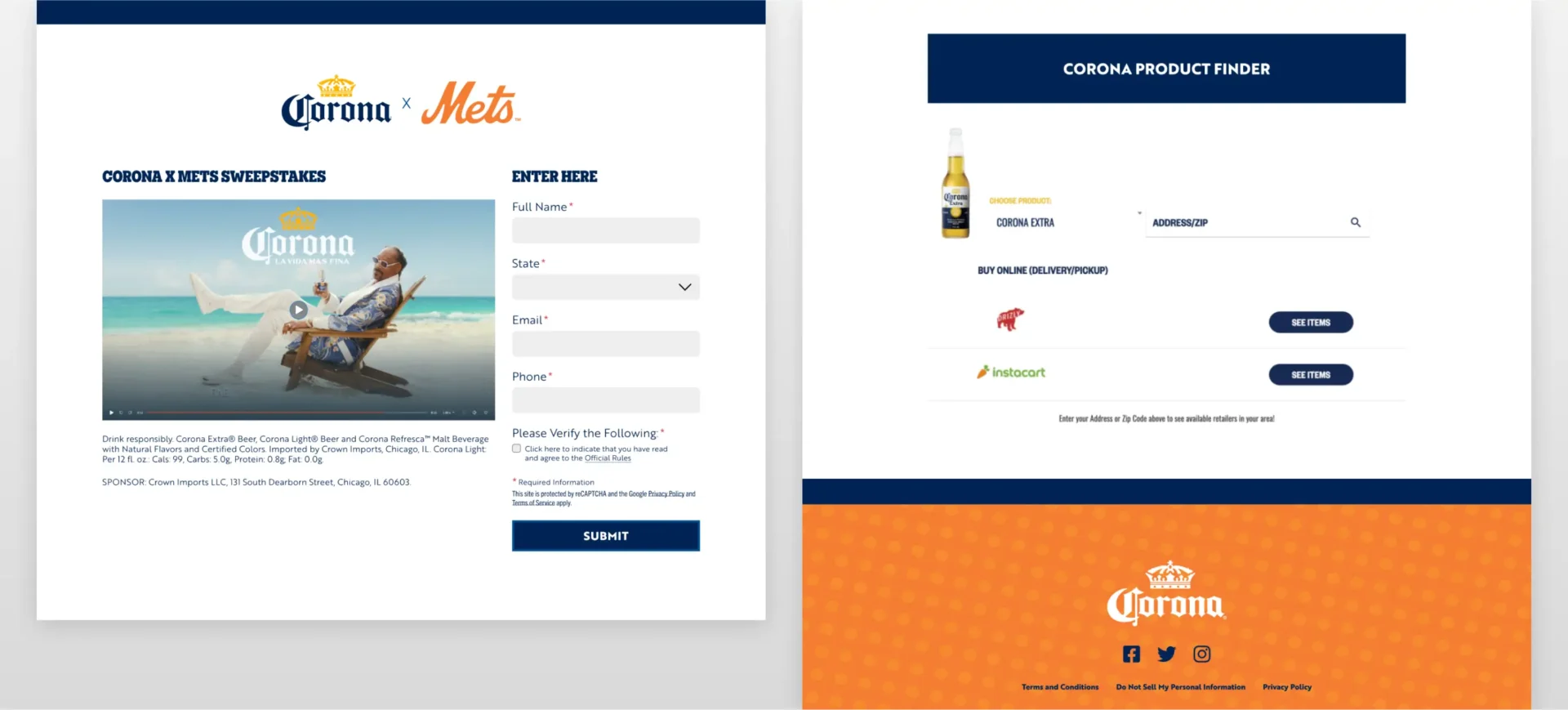 Corona USA Lindor Mets partnership body and entry form