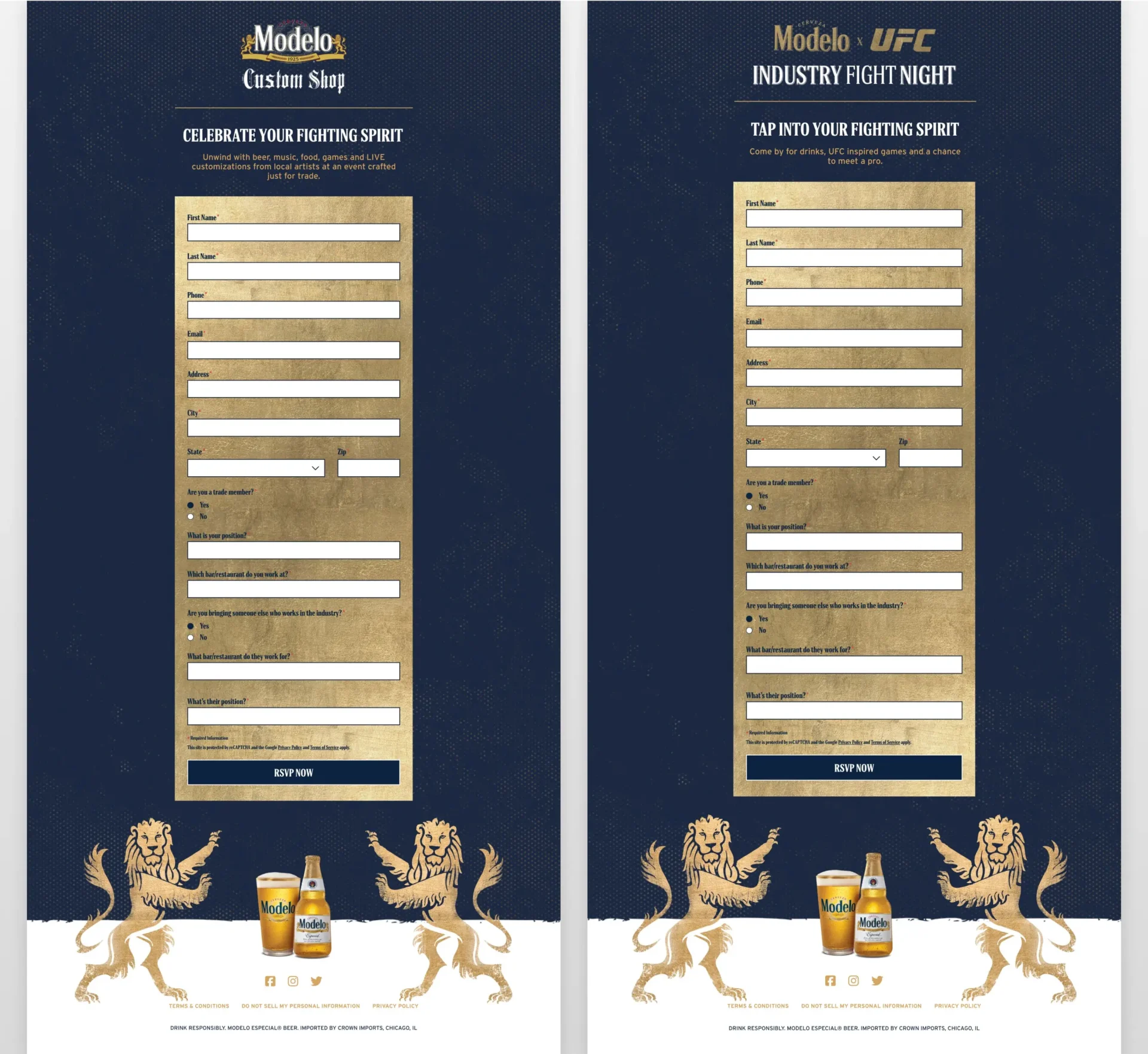 Modelo USA RSVP Event Custom Shop and UFC event registration forms